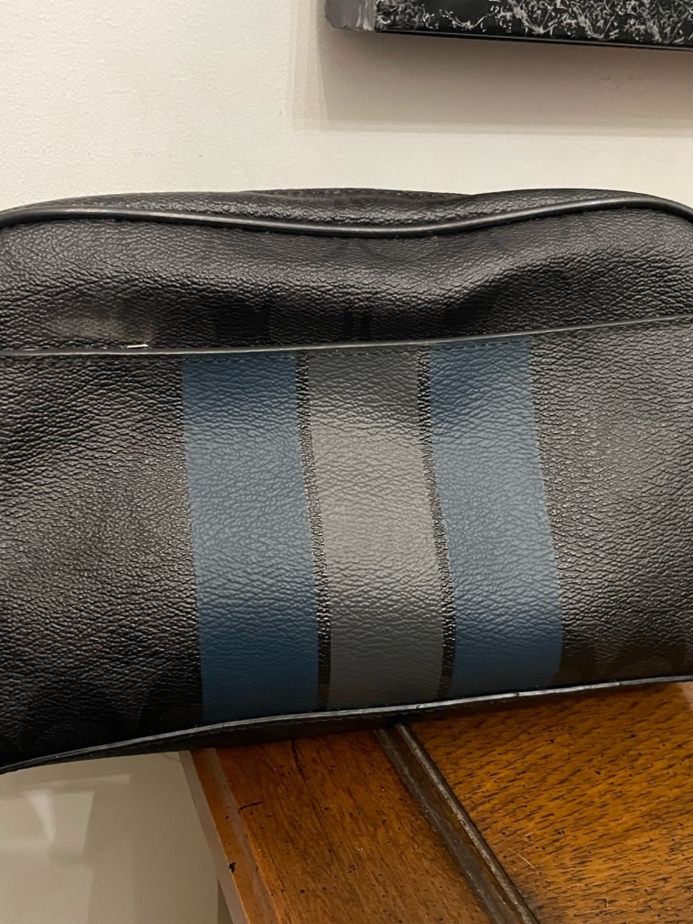 Coach Black Leather Toiletry Bag with Blue Accent Stripes